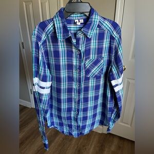 SO Kids Plaid Button Down Shirt - Purple and White Size 8